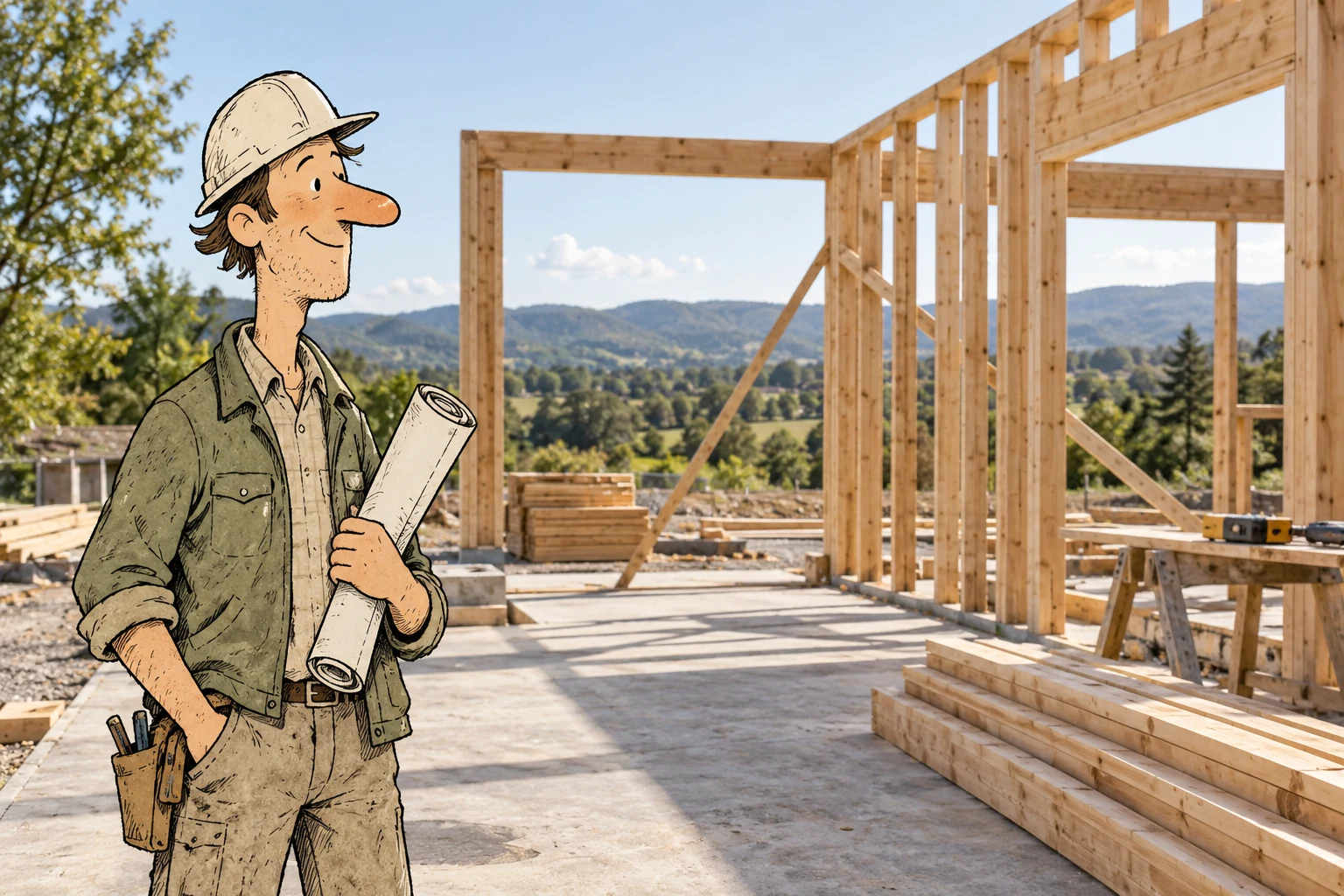 A hand-drawn builder in front of a realistic timber construction site