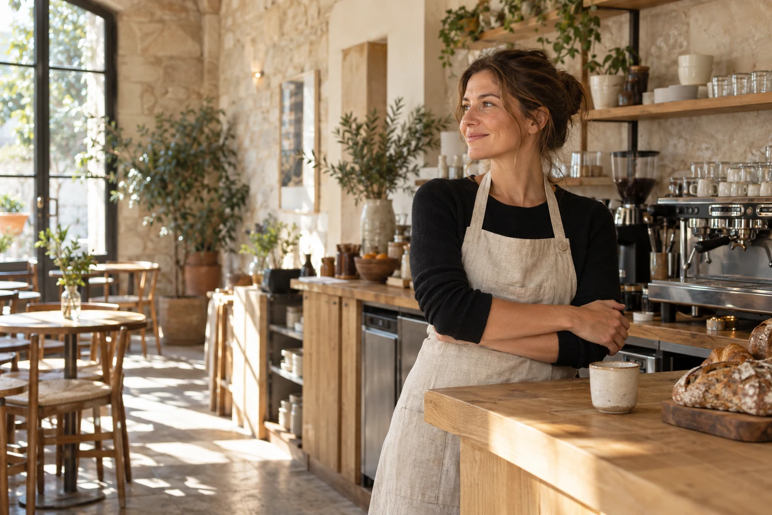 A café owner at the counter of a sunlit coffee shop