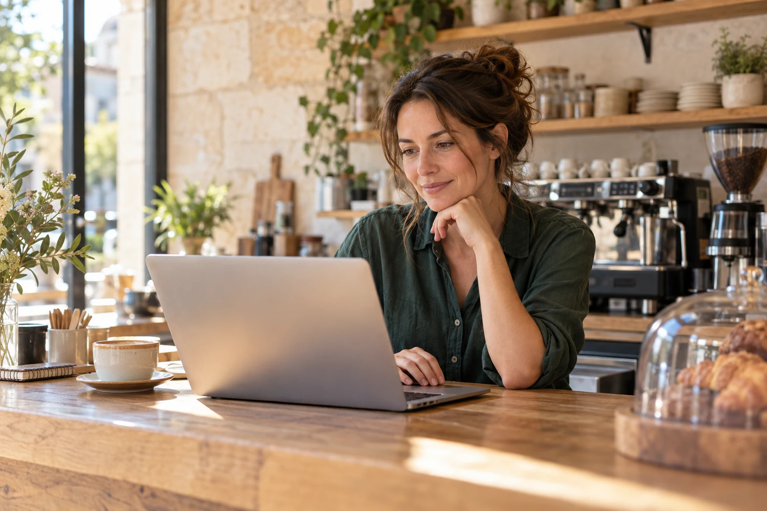 A café owner reviewing work on a laptop in her coffee shop