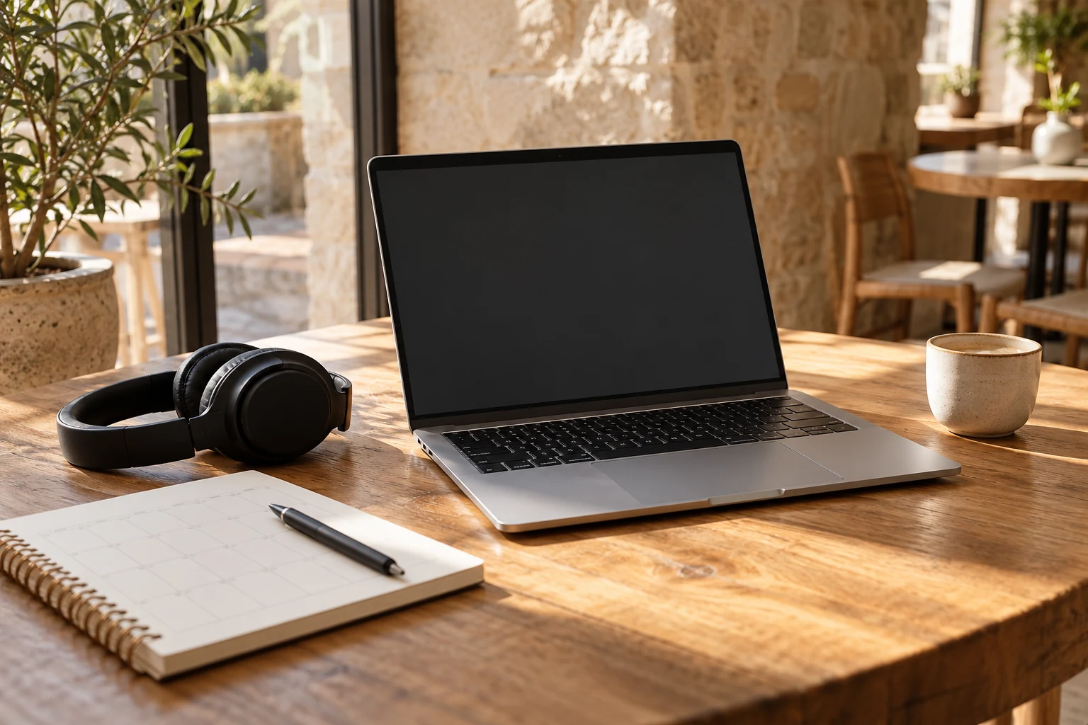 A laptop and notebook — temporary service-card photograph