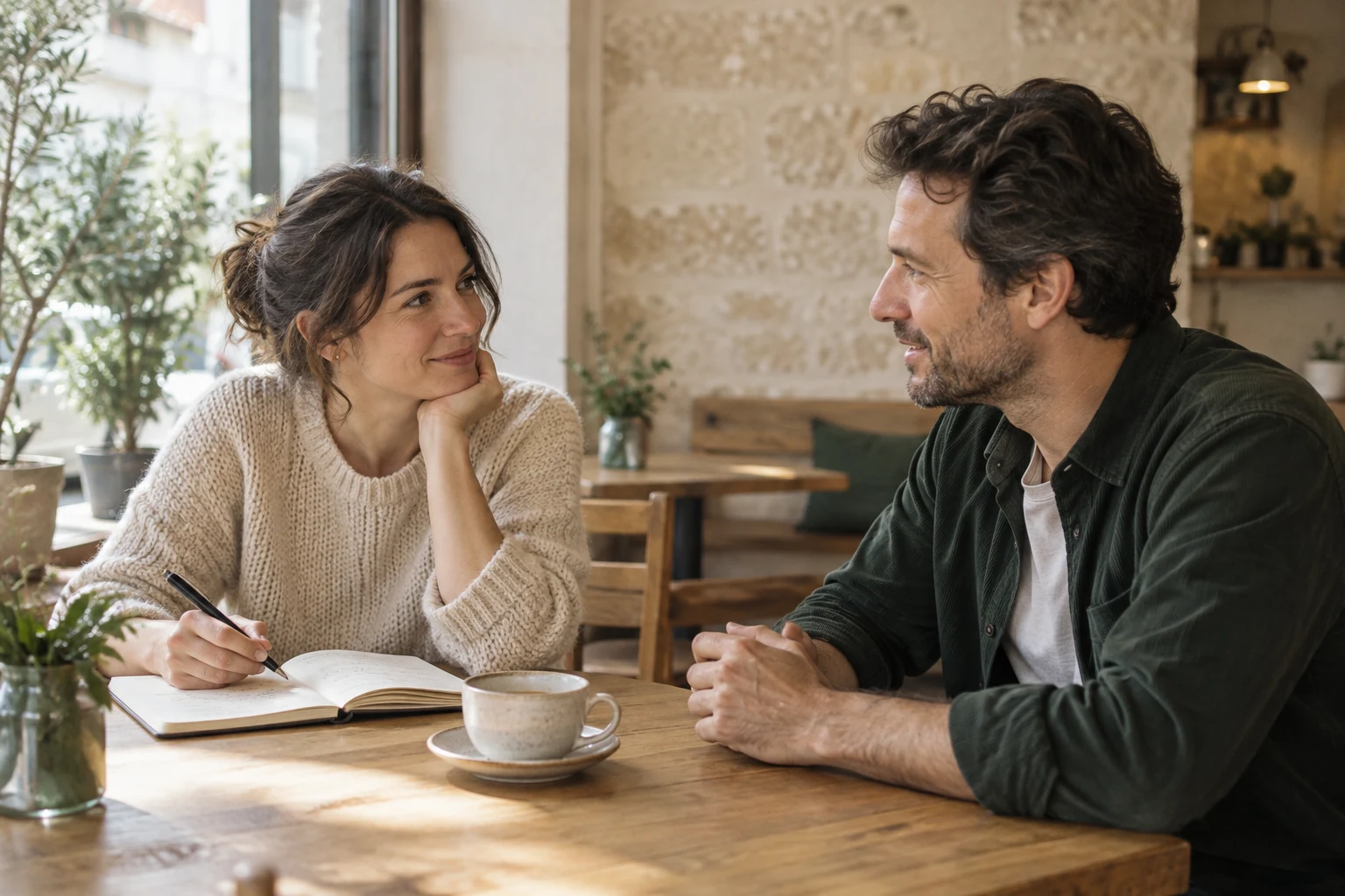 A consultant and business owner discussing plans over coffee
