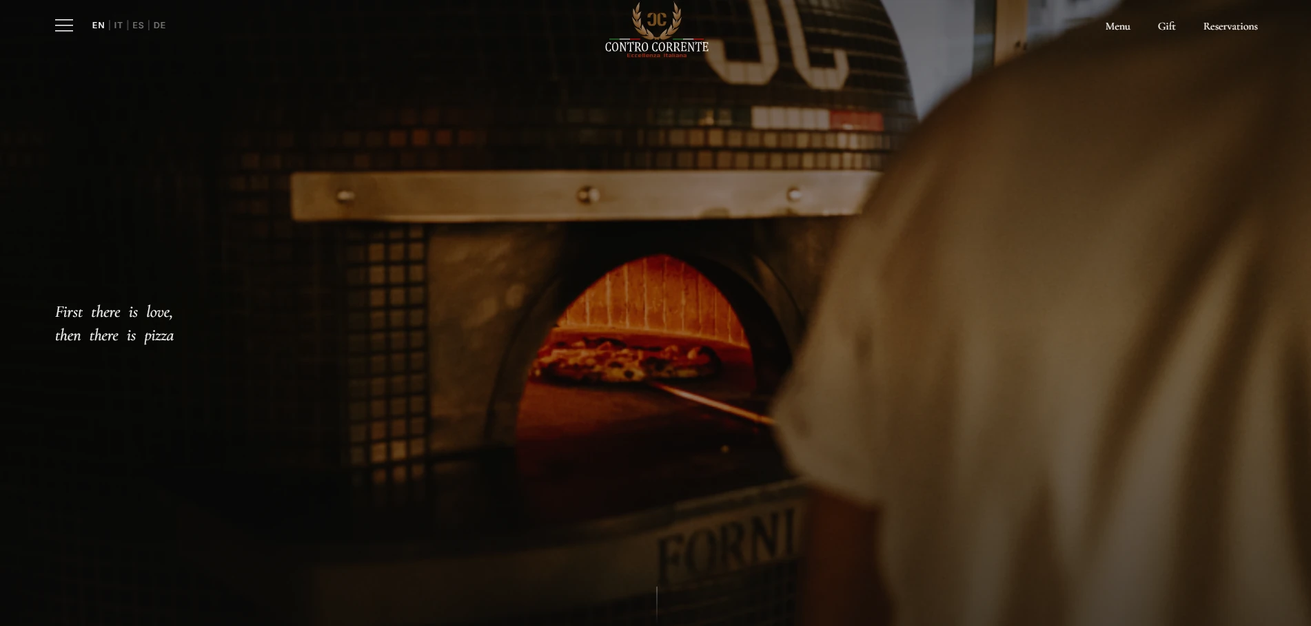 Contro Corrente website featuring a traditional pizza oven and restaurant navigation