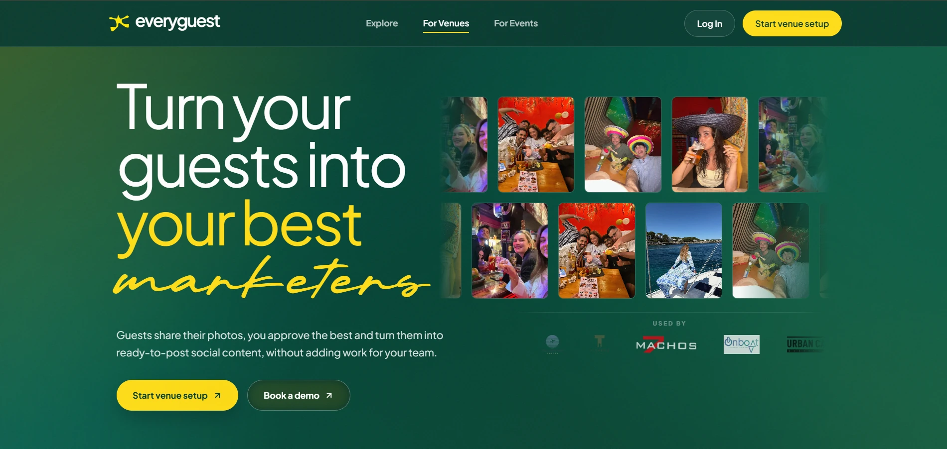 Everyguest’s hospitality marketing website with green and yellow branding and guest photographs