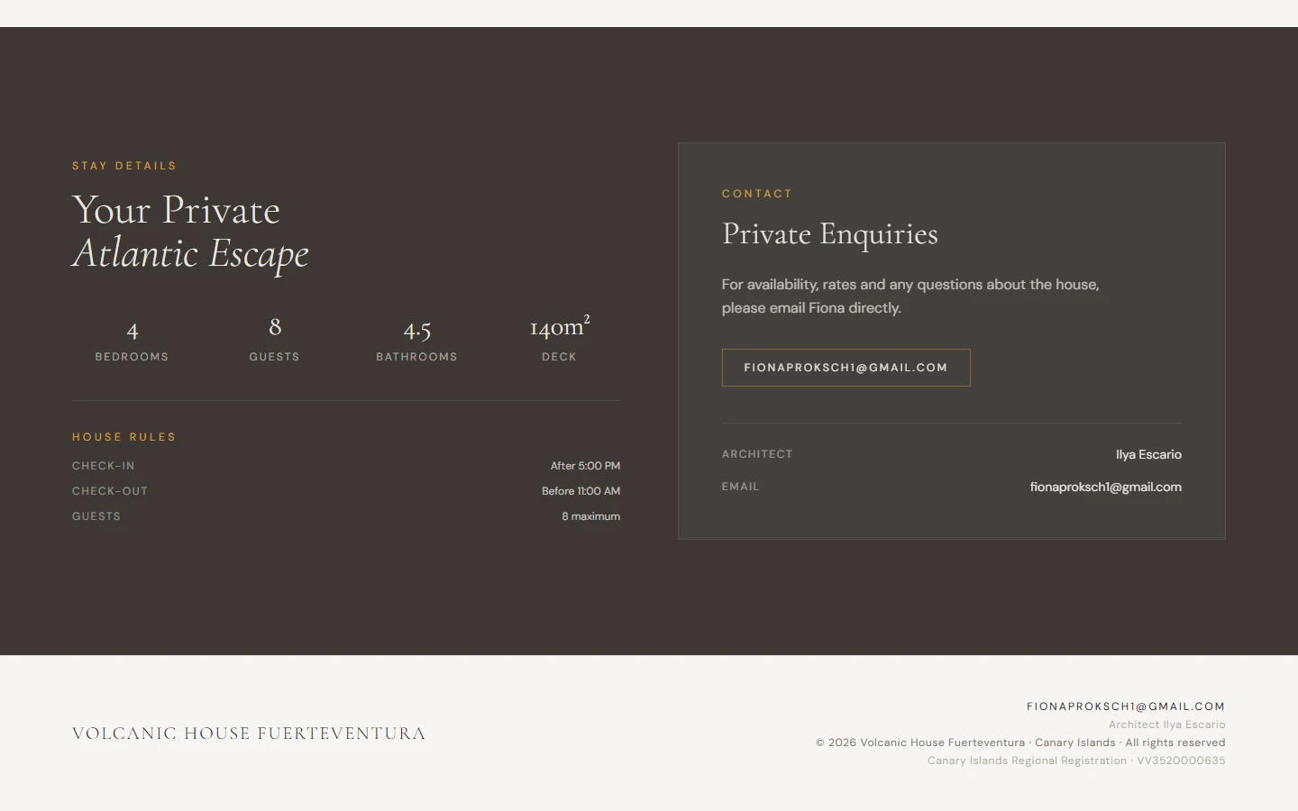 Volcanic House contact page with guest enquiry contact details