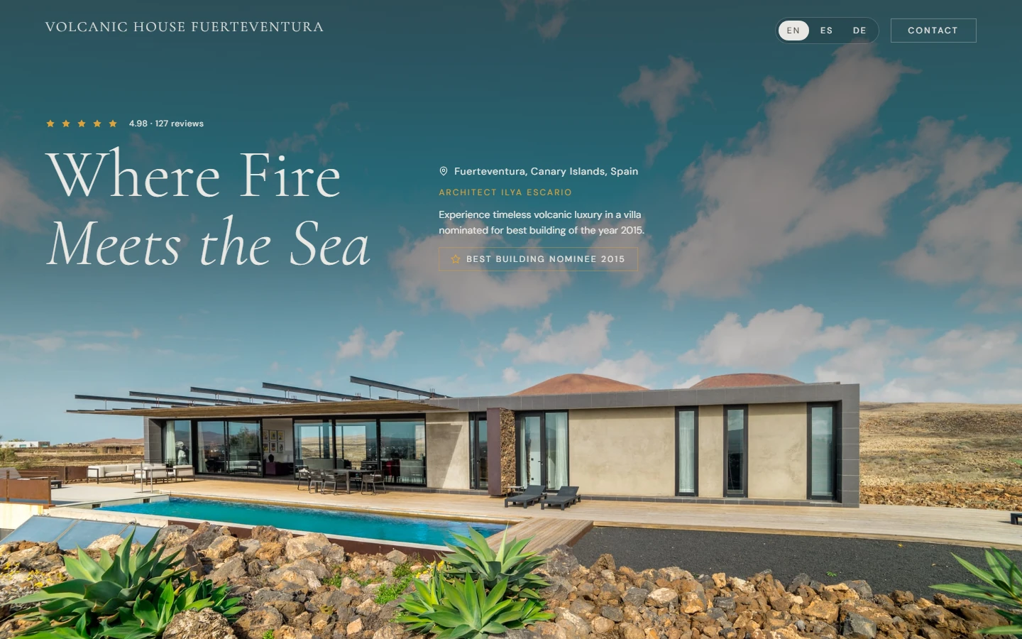 Volcanic House Fuerteventura homepage showing a modern villa in a volcanic landscape